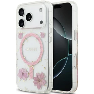 OUTLET: Etui Guess Resin Flowers Glitter MagSafe do iPhone 17 Pro, różowe z kwiecistym wzorem