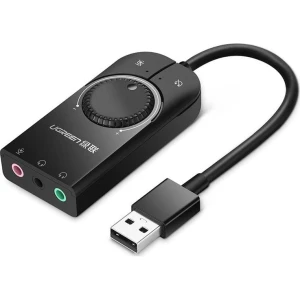 OUTLET: Zewnętrzna karta dźwiękowa muzyczna / adapter USB Ugreen 3,5 mm mini jack z regulacją głośności, 15cm, czarny