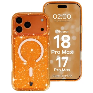 Etui brokatowe z pierścieniem magnetycznym Bizon Case SparklO do iPhone 18 Pro Max / 17 Pro Max, przezroczysto-pomarańczowe z brokatem