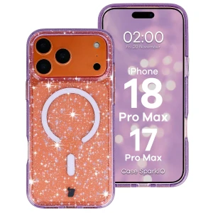 Etui brokatowe z pierścieniem magnetycznym Bizon Case SparklO do iPhone 18 Pro Max / 17 Pro Max, przezroczysto-fioletowe z brokatem