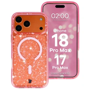 Etui brokatowe z pierścieniem magnetycznym Bizon Case SparklO do iPhone 18 Pro Max / 17 Pro Max, przezroczysto-różowe z brokatem