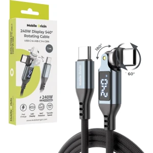 Kabel z obrotową końcówką 540°, USB-C - USB-C 240W, Mobile Origin CB16, Power Delivery 3.1, z oplotem i wyświetlaczem LED, 1m, ciemnoszary