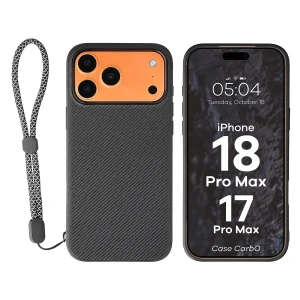 Etui ze smyczką na nadgarstek i pierścieniem magnetycznym Bizon Case CarbO do iPhone 18 Pro Max / 17 Pro Max, czarne