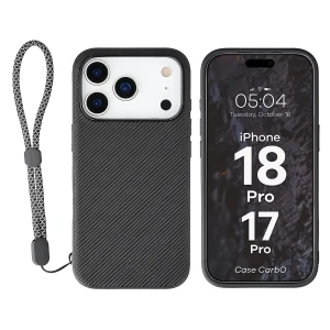 Etui ze smyczką na nadgarstek i pierścieniem magnetycznym Bizon Case CarbO do iPhone 18 Pro / 17 Pro, czarne