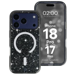 Etui brokatowe z pierścieniem magnetycznym Bizon Case SparklO do iPhone 18 Pro / 17 Pro, przezroczysto-czarne z brokatem