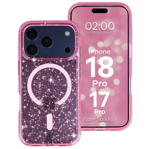 Etui brokatowe z pierścieniem magnetycznym Bizon Case SparklO do iPhone 18 Pro / 17 Pro, przezroczysto-różowe z brokatem