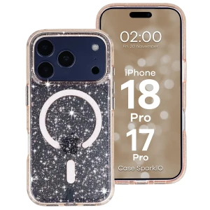 Etui brokatowe z pierścieniem magnetycznym Bizon Case SparklO do iPhone 18 Pro / 17 Pro, przezroczysto-jasnopomarańczowe z brokatem