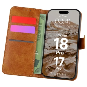 Etui z klapką Bizon Case Pocket do iPhone 18 Pro / 17 Pro, brązowe