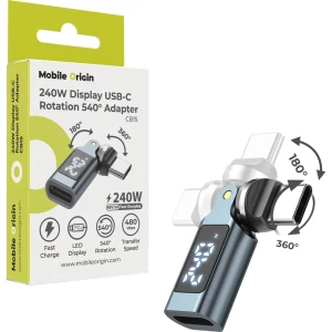 Obrotowy adapter 540° USB-C, 240W PD 3.1, Mobile Origin CB15 z wyświetlaczem, szary