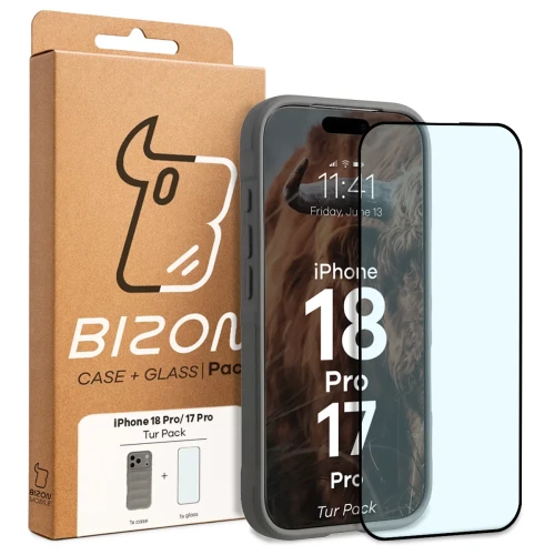 Pancerne etui + szkło hartowane Bizon Tur Pack do iPhone 18 Pro / 17 Pro, jasnoszare (10/10)