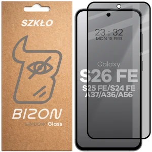 Prywatyzujące szkło hartowane Bizon Glass Edge Shadow do Galaxy S26 FE / S25 FE / S24 FE / A37 5G / A36 5G / A56 5G, przyciemniane z czarną ramką