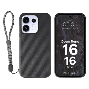 Etui ze smyczką na nadgarstek i pierścieniem magnetycznym Bizon Case CarbO do Oppo Reno16 / Reno16 Pro 5G, czarne