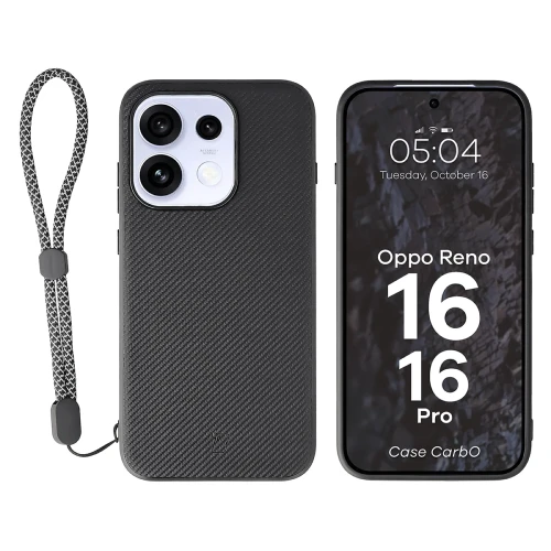 Etui ze smyczką na nadgarstek i pierścieniem magnetycznym Bizon Case CarbO do OPPO Reno16 / Pro, czarne (1/6)
