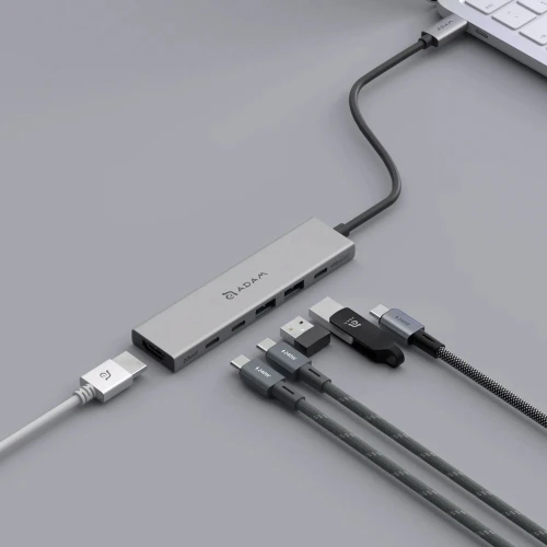 Hub USB-C 6 w 1 Adam Elements DE06, HDMI 4K/60Hz, USB-C PD 100W, 2x USB-A / 2x USB-C 10 Gb/s, szary (3/4)