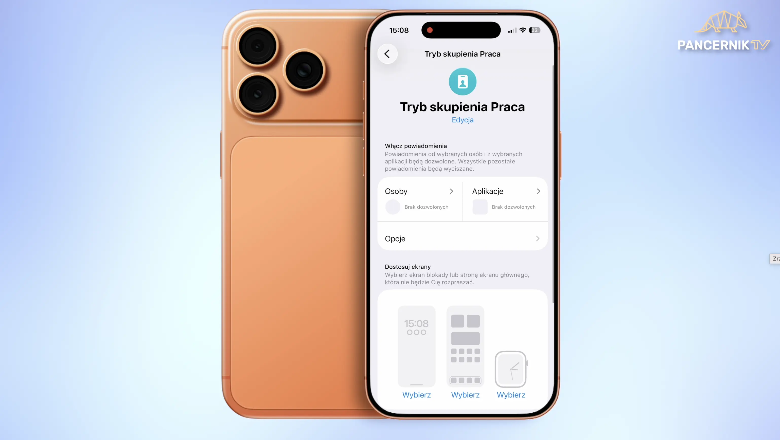 Ekran iPhone'a wyświetlający menu konfiguracji trybów skupienia i personalizacji tarcz Apple Watch.