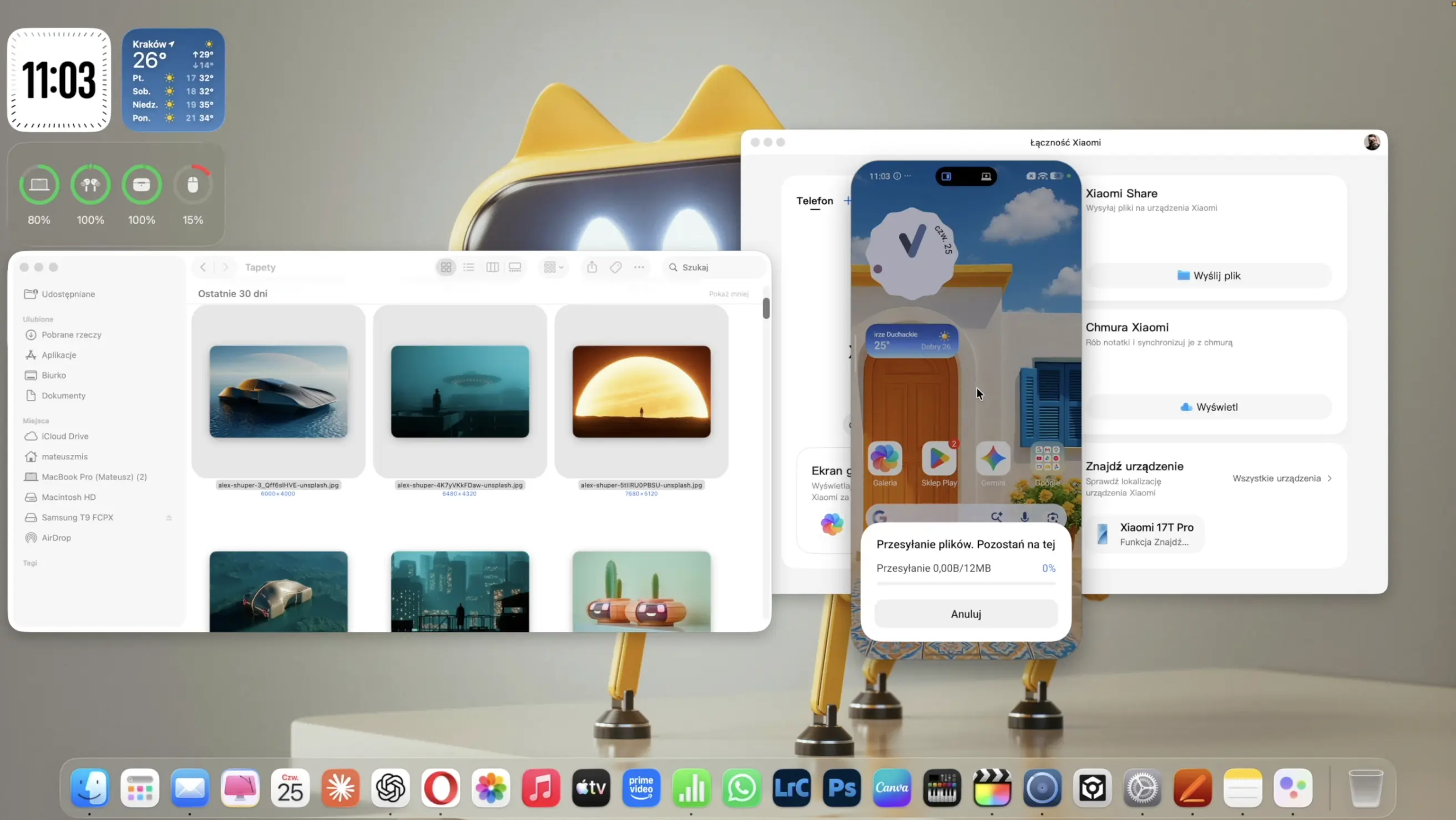 Ekran komputera MacBook wyświetlający przesłany bezprzewodowo ekran z interfejsem nakładki HyperOS 3.