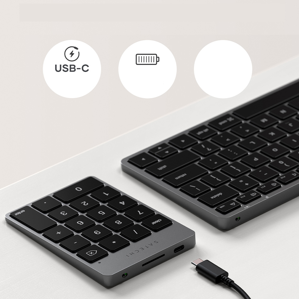 Klawiatura numeryczna Satechi Slim Wireless Keypad, aluminiowa, bluetooth, bezprzewodowa, szara, cicha, antypoślizgowa, markowa, premium, płaska, wygodna, niski profil klawiszy, USB-C, do macbooka, niezawodna