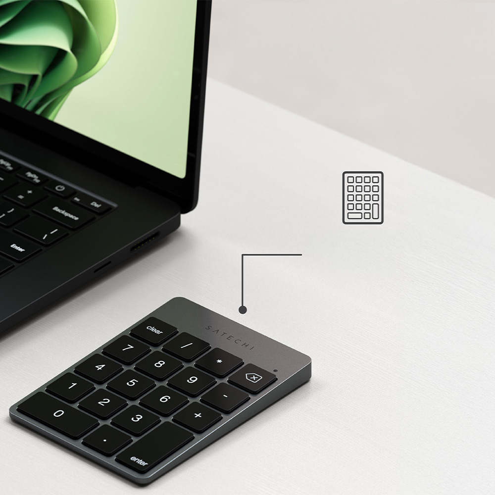 Klawiatura numeryczna Satechi Slim Wireless Keypad, aluminiowa, bluetooth, bezprzewodowa, szara, cicha, antypoślizgowa, markowa, premium, płaska, wygodna, niski profil klawiszy, USB-C, do macbooka, niezawodna