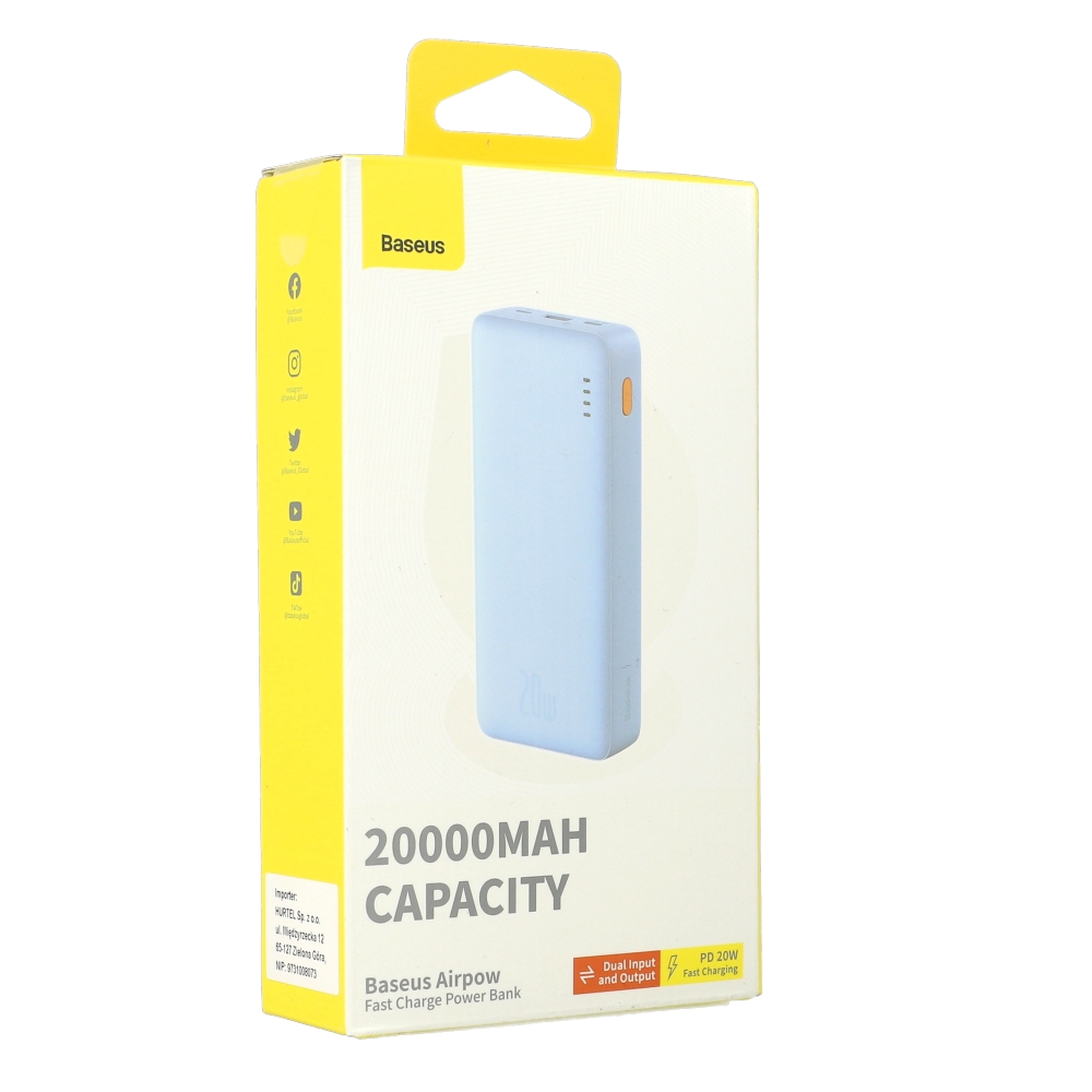 Powerbank Baseus Airpow 20000 mAh PD 20W do USB-C, Micro-USB, USB-A , jasnoniebieski