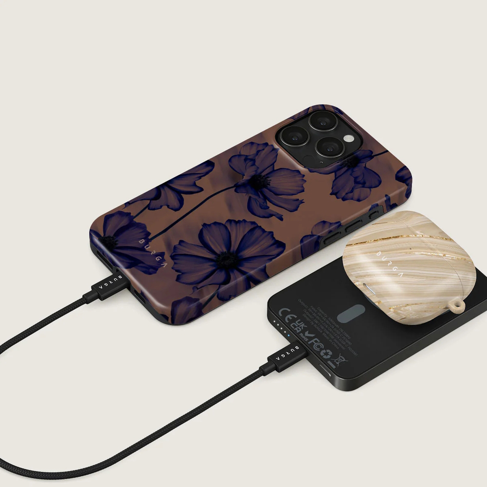 Burga Magnetic Gunmetal Power Bank Velvet Night - magnetyczny powerbank kompatybilny z MagSafe 5000mAh PD 20W USB-C, + kabel USB Typ C PD 18W, brązowy w granatowe kwiaty