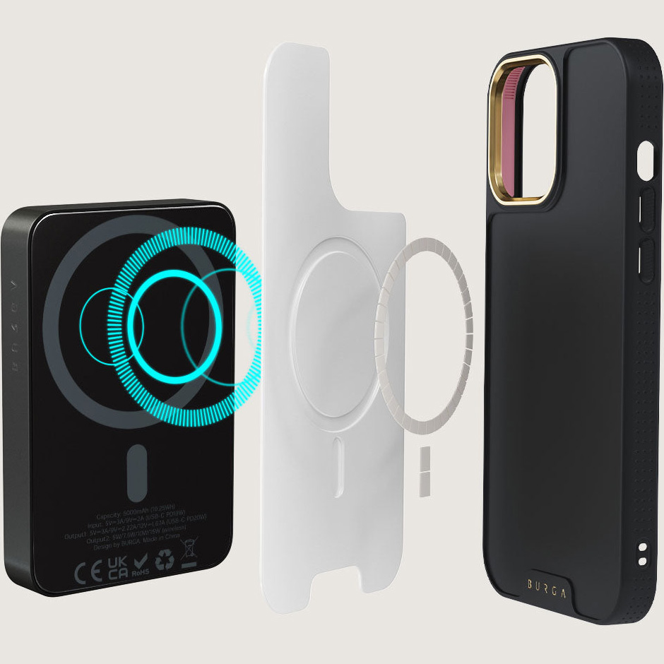 Burga Magnetic Gunmetal Power Bank Vigilant - magnetyczny powerbank kompatybilny z MagSafe, Qi 5000mAh 20W USB-C, + kabel USB Typ C 20W, beżowo-granatowy.