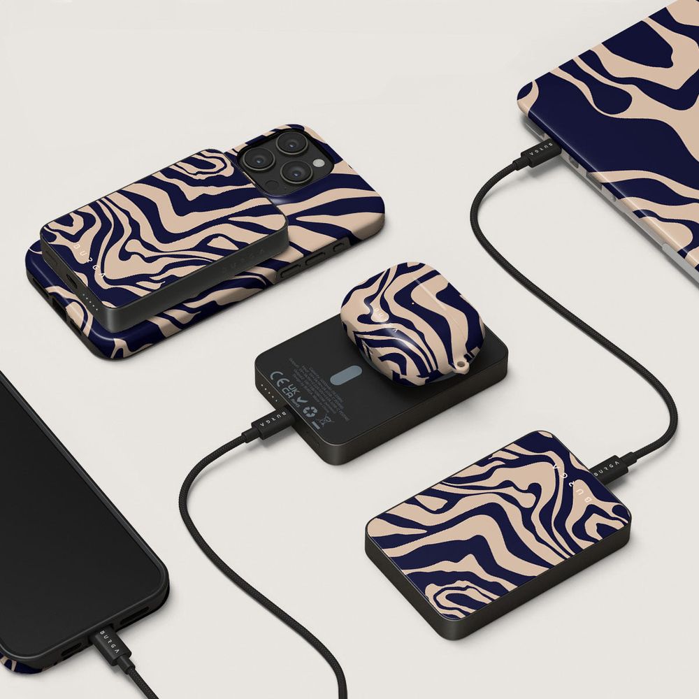 Burga Magnetic Gunmetal Power Bank Vigilant - magnetyczny powerbank kompatybilny z MagSafe, Qi 5000mAh 20W USB-C, + kabel USB Typ C 20W, beżowo-granatowy.