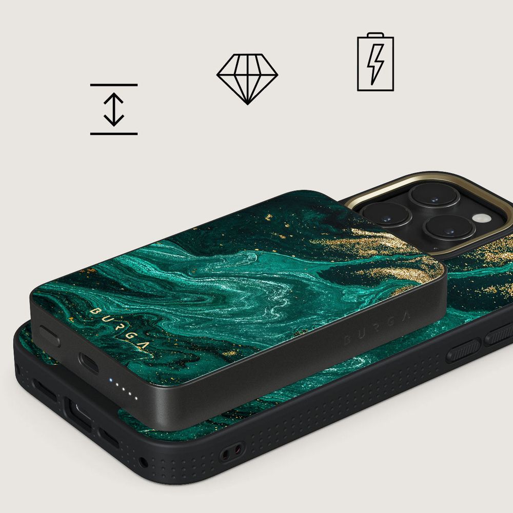 Burga Magnetic Gunmetal Power Bank Emerald Pool - magnetyczny powerbank kompatybilny z MagSafe, Qi 5000mAh 20W USB-C, + kabel USB Typ C 20W, wielokolorowy morski.