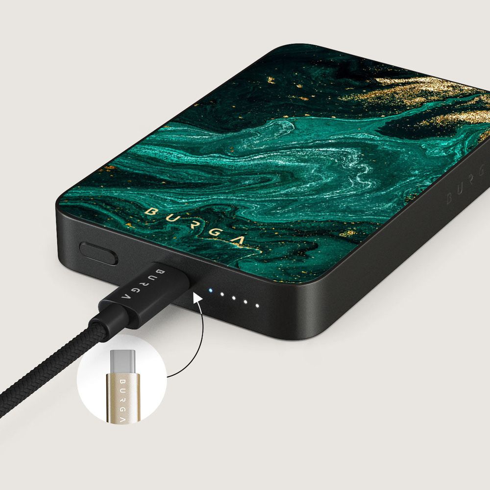 Burga Magnetic Gunmetal Power Bank Emerald Pool - magnetyczny powerbank kompatybilny z MagSafe, Qi 5000mAh 20W USB-C, + kabel USB Typ C 20W, wielokolorowy morski.