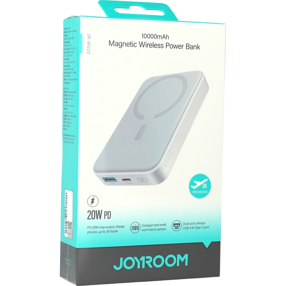Powerbank indukcyjny Joyroom JR-W020 do MagSafe 10000mAh USB-A/USB-C 20W + kabel USB-A - C 25cm, biały