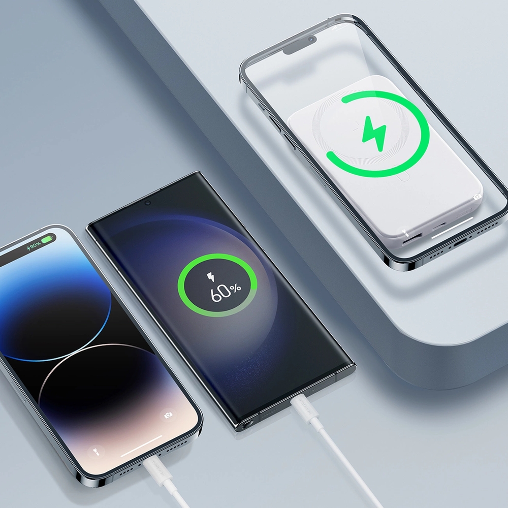 Powerbank indukcyjny Joyroom JR-W020 do MagSafe 10000mAh USB-A/USB-C 20W + kabel USB-A - C 25cm, biały