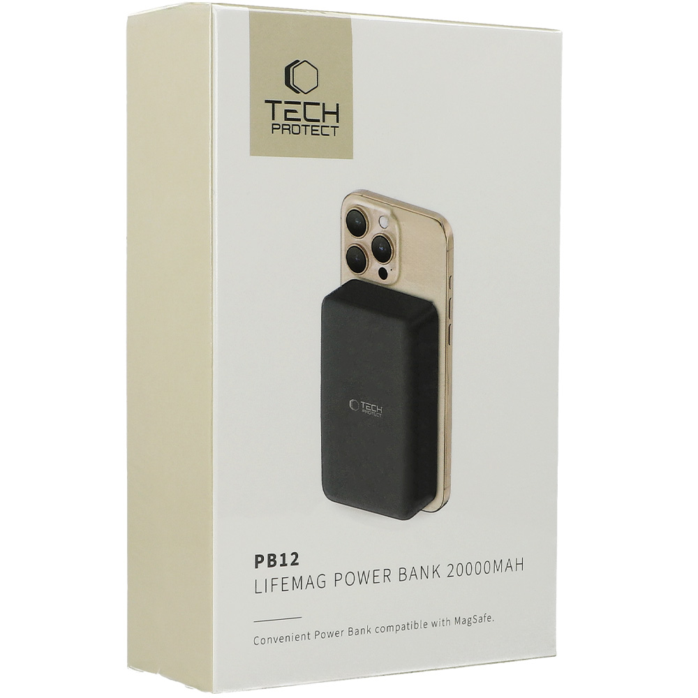 Powerbank indukcyjny Tech-Protect LifeMag PB12 do MagSafe, 1x USB-A/USB-C, 15W, 20000mAh + kabel USB-C, czarny
