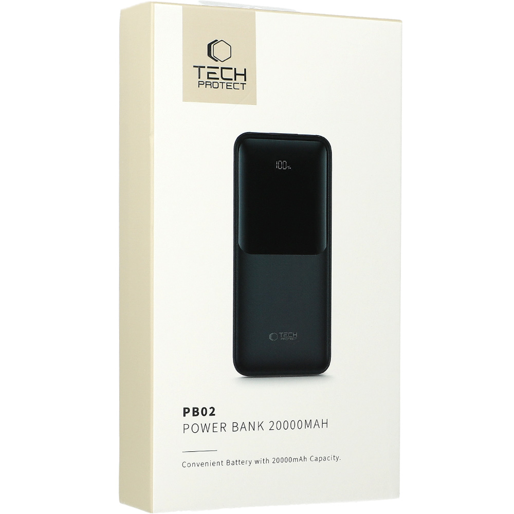 Powerbank Tech-Protect PB02 20000mAh, 2x USB-A, 1x USB-C, 1x Micro USB, 22.5W + kabel USB-A/ USB-C, czarny