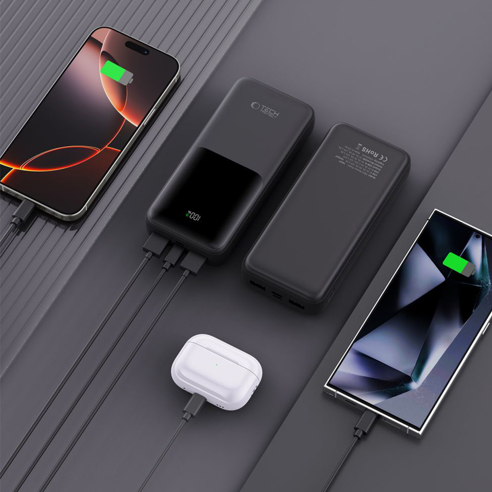 Powerbank Tech-Protect PB02 20000mAh, 2x USB-A, 1x USB-C, 1x Micro USB, 22.5W + kabel USB-A/ USB-C, czarny