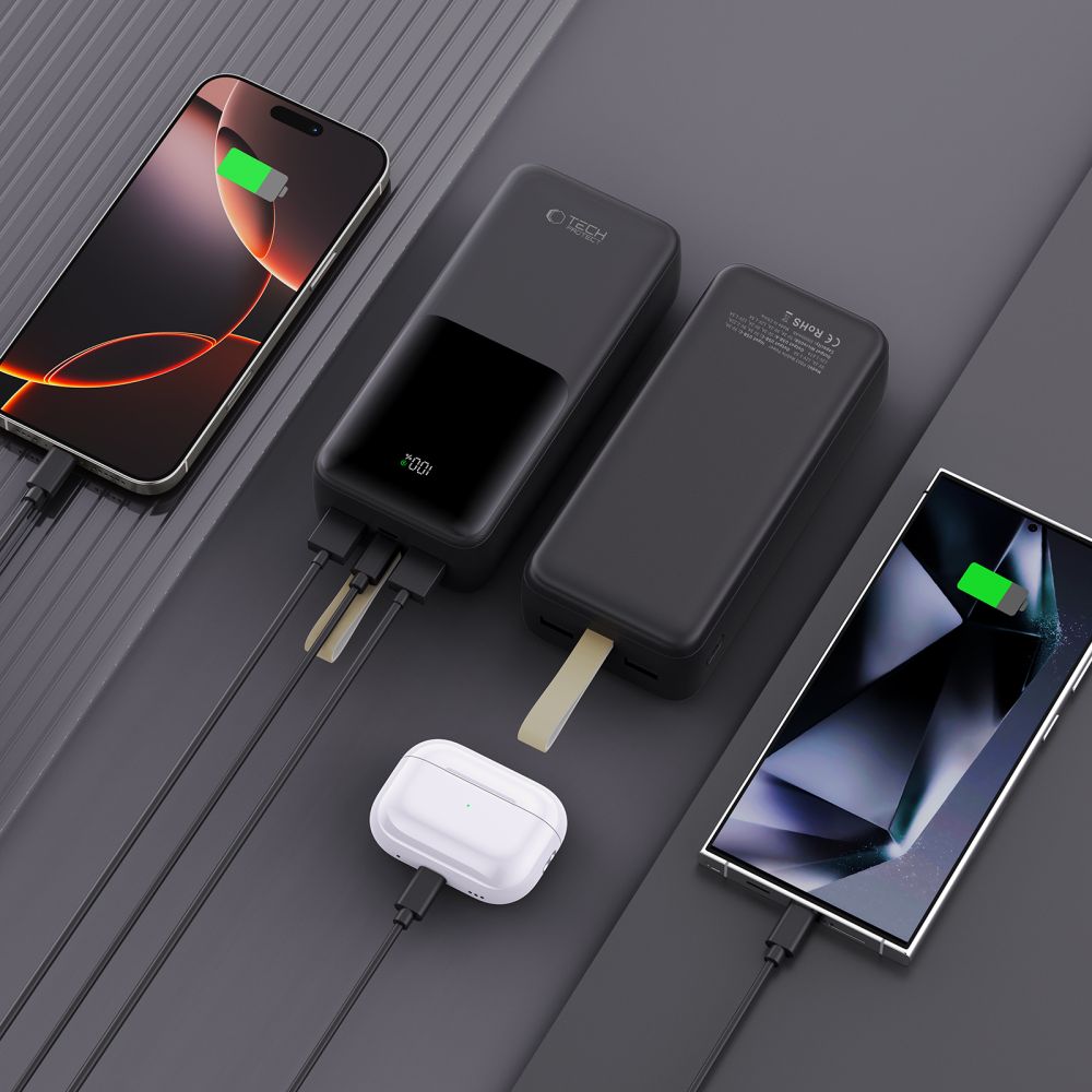 Powerbank Tech-Protect PB03 30000mAh, 2x USB-A, 1x USB-C, 1x Micro USB, 22.5W + kabel USB-C, czarny