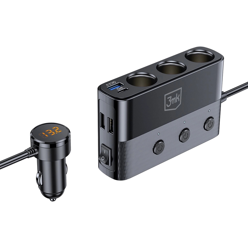 Ładowarka samochodowa z rozgałęźnikiem 3mk Car Power Splitter 120W, 1x USB-C PD / 3x USB-A / 3x gniazdo 12-24V, czarna