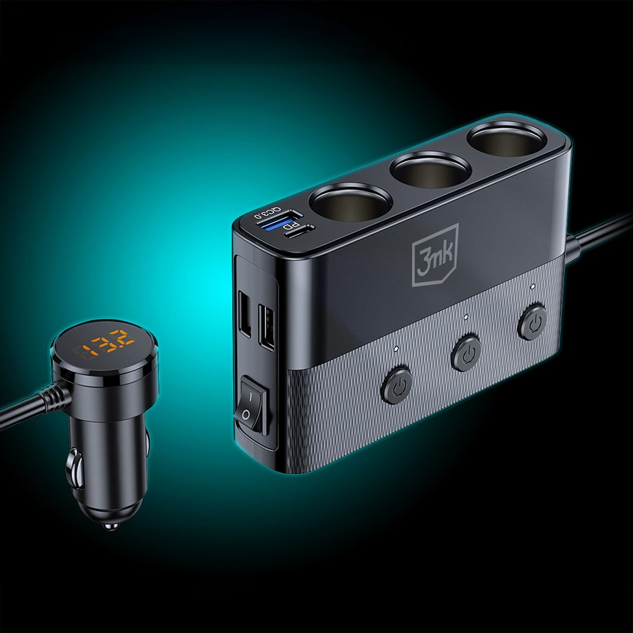 Ładowarka samochodowa z rozgałęźnikiem 3mk Car Power Splitter 120W, 1x USB-C PD / 3x USB-A / 3x gniazdo 12-24V, czarna