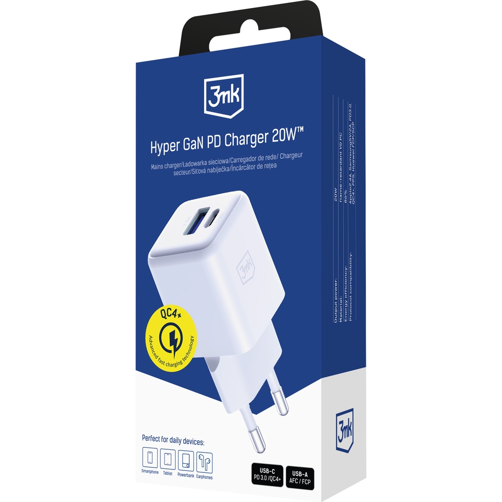 Ładowarka sieciowa 3mk Hyper GaN Charger 1x USB-A QC 4+, 1x USB-C, PD 20W, biała