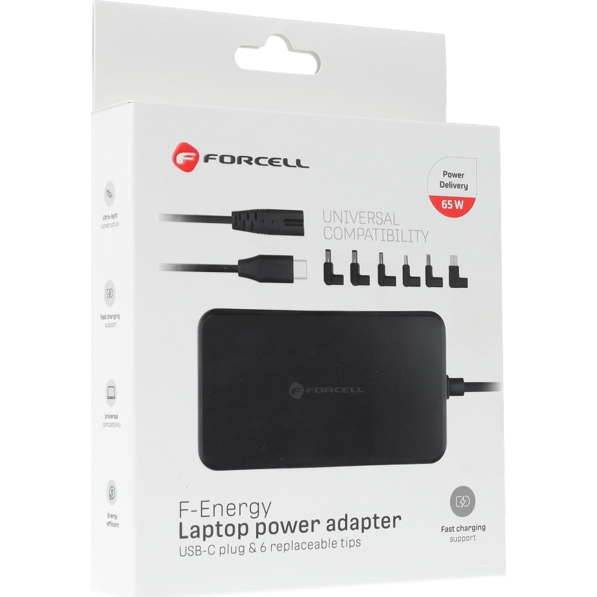 Zasilacz sieciowy z kablem USB-C Forcell F-Energy Laptop power adapter USB-C PD 65W z 6 wymiennymi końcówkami, czarny