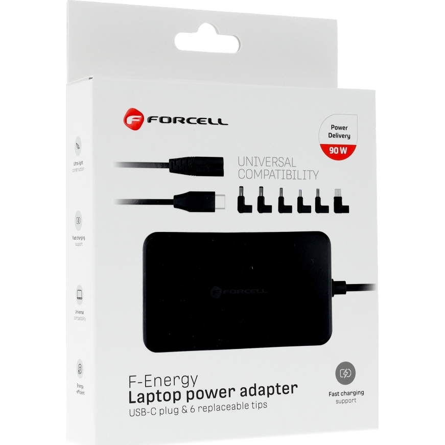Zasilacz sieciowy z kablem USB-C Forcell F-Energy Laptop power adapter USB-C PD 90W z 6 wymiennymi końcówkami, czarny