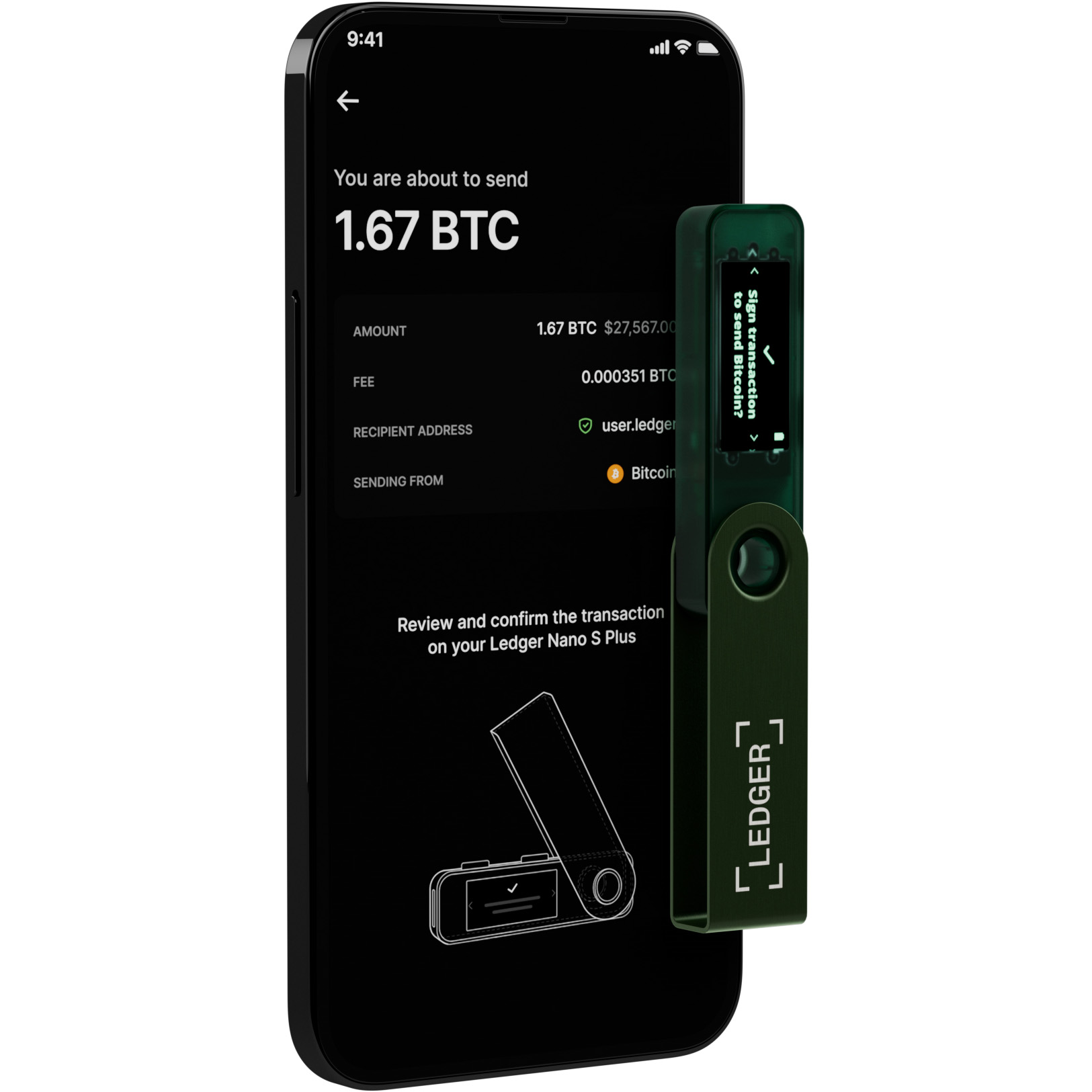 Portfel kryptowalut i NFT Ledger Nano S Plus, ciemnozielony