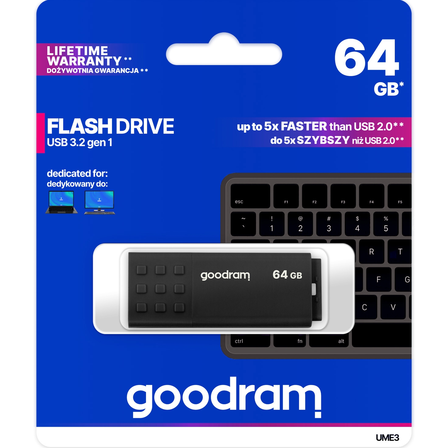 Pendrive USB-A 3.2 Gen 1, Goodram UME3 64GB, 60MB/s, czarny