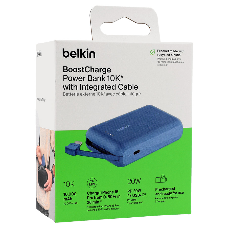 Oryginalna bateria Belkin Boost Charge Power Bank + Integrated Cable USB-C PD 10K 10000mAh 20W, niebieska