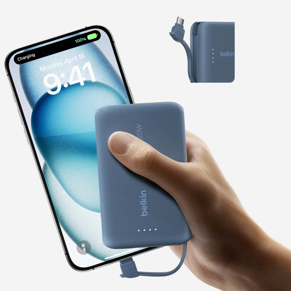 Oryginalna bateria Belkin Boost Charge Power Bank + Integrated Cable USB-C PD 10K 10000mAh 20W, niebieska
