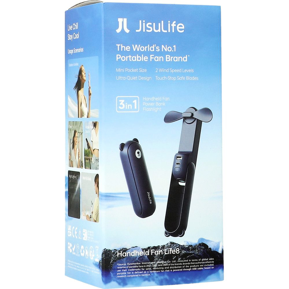 Wiatrak podręczny, wiatraczek z funkcją latarki i powerbanku JisuLife Handheld Fan Life8 2000 mAh, granatowy. Kompaktowy, przenośny wentylator LED, powerbank, praktyczny.