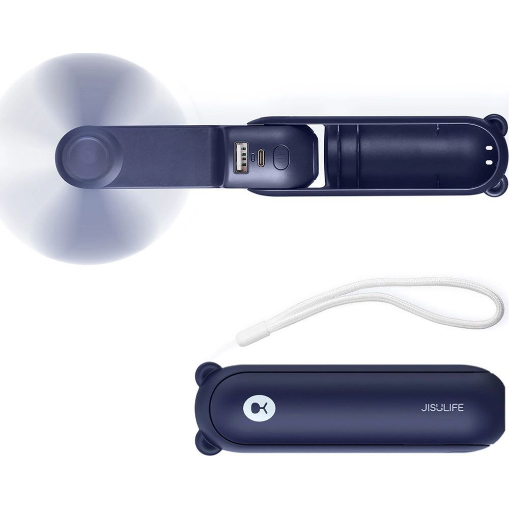 Wiatrak podręczny, wiatraczek z funkcją latarki i powerbanku JisuLife Handheld Fan Life8 2000 mAh, granatowy. Lekki, składany wentylator ładowany USB-C, praktyczny, kompaktowy.