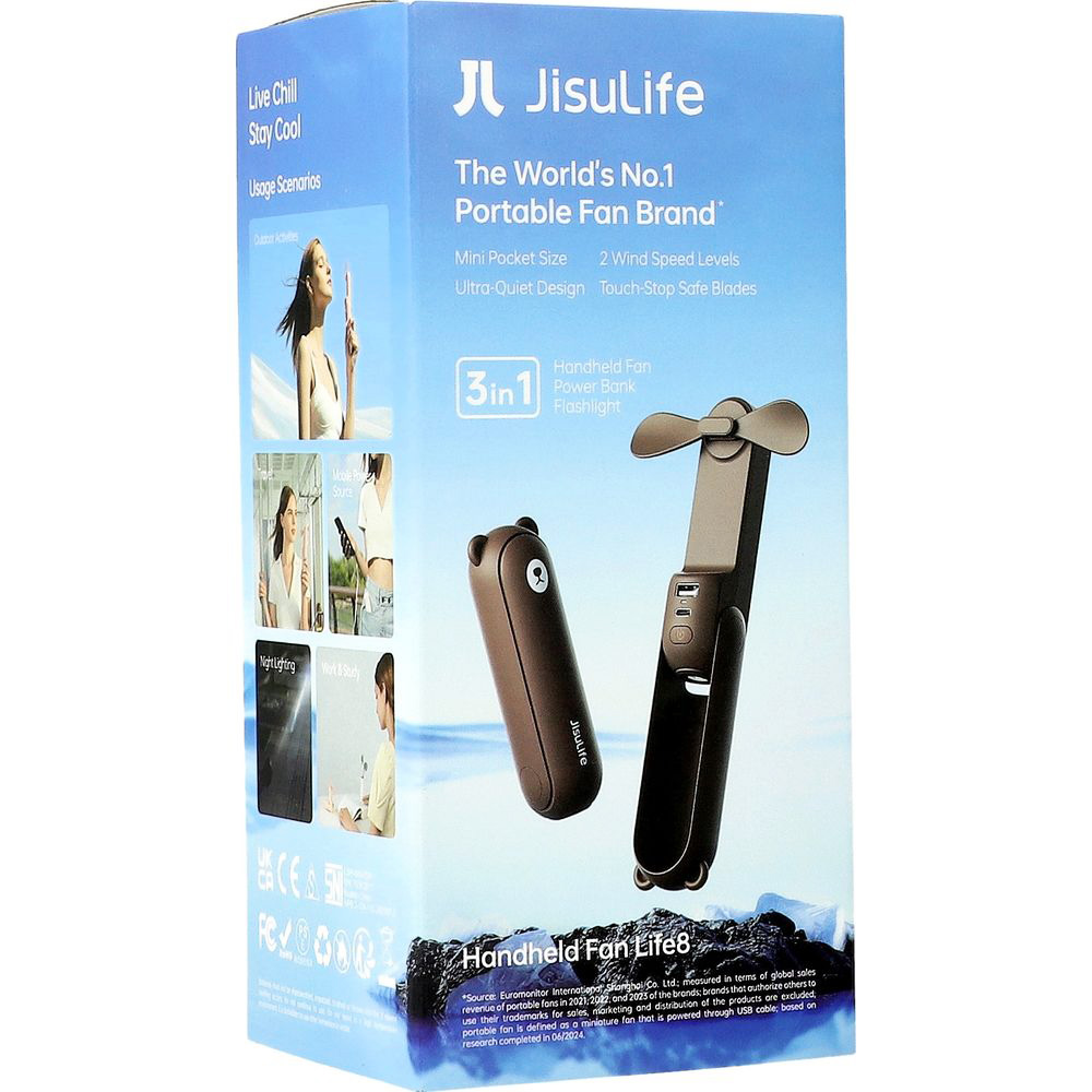 Wiatrak podręczny, wiatraczek z funkcją latarki i powerbanku JisuLife Handheld Fan Life8 2000 mAh, brązowy. Kompaktowy, przenośny wentylator LED, powerbank, praktyczny.
