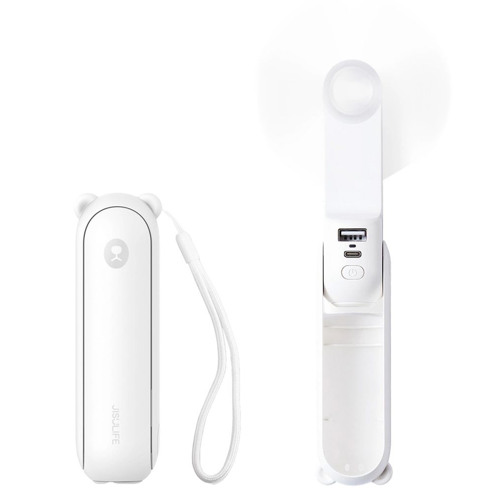Wiatrak podręczny, wiatraczek z funkcją latarki i powerbanku JisuLife Handheld Fan Life8 2000 mAh, biały. Lekki, składany wentylator ładowany USB-C, praktyczny, kompaktowy.