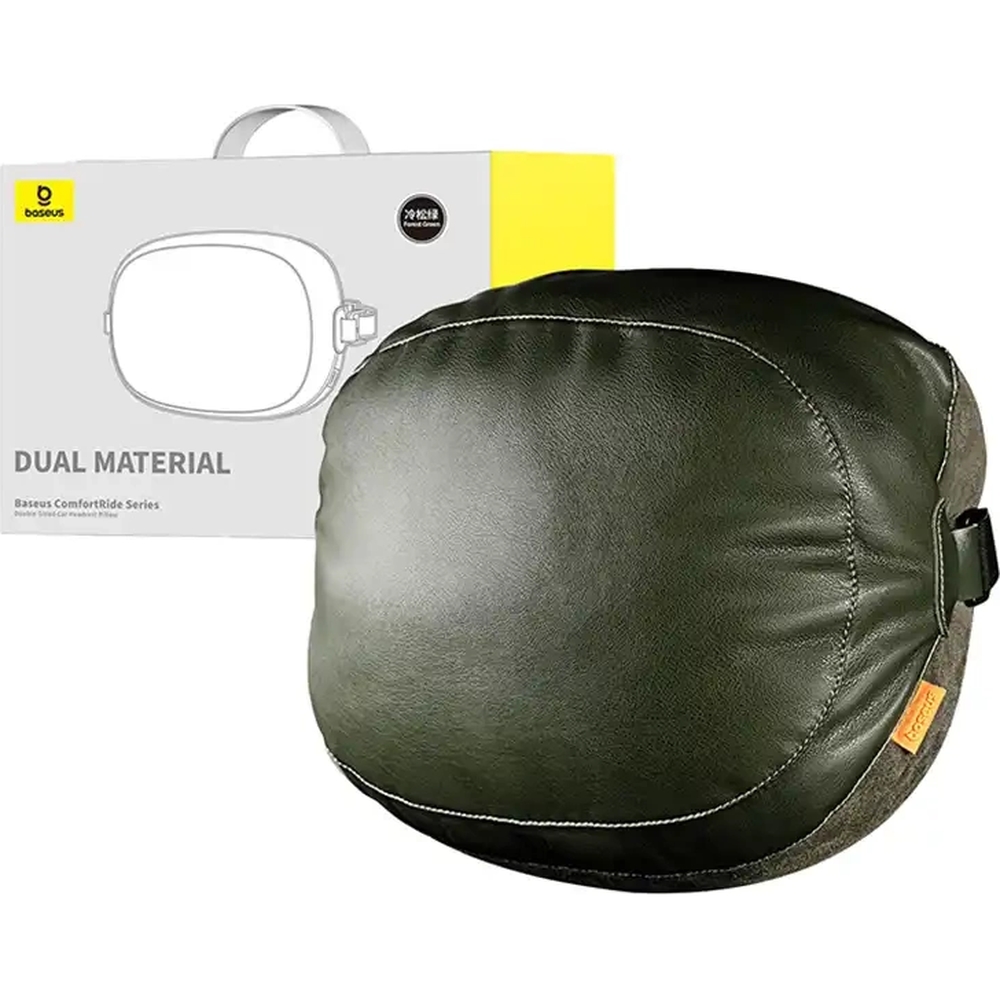 Miękka poduszka samochodowa na zagłówek Baseus Dual Material ComfortRide, ciemnozielona. Zapewnia wsparcie głowy podczas podróży, dzięki czemu cechuje się wygodą i lepszą postawą.