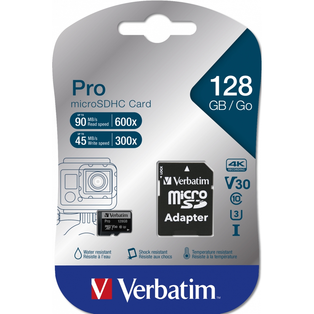 Szybka karta pamięci MicroSD Verbatim Pro microSDXC U3 V30 128GB - odczyt do 90MB/s