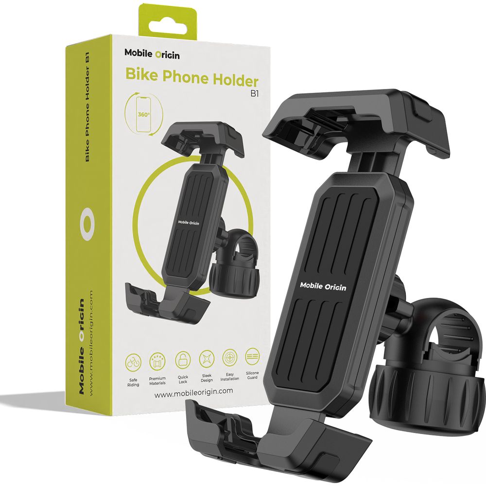 Uchwyt rowerowy/motocyklowy do telefonu na kierownicę Mobile Origin Bike Phone Holder B1, czarny. Stabilność trasy, uchwyt kierownica, bezpieczeństwo urządzenia, mocowanie.